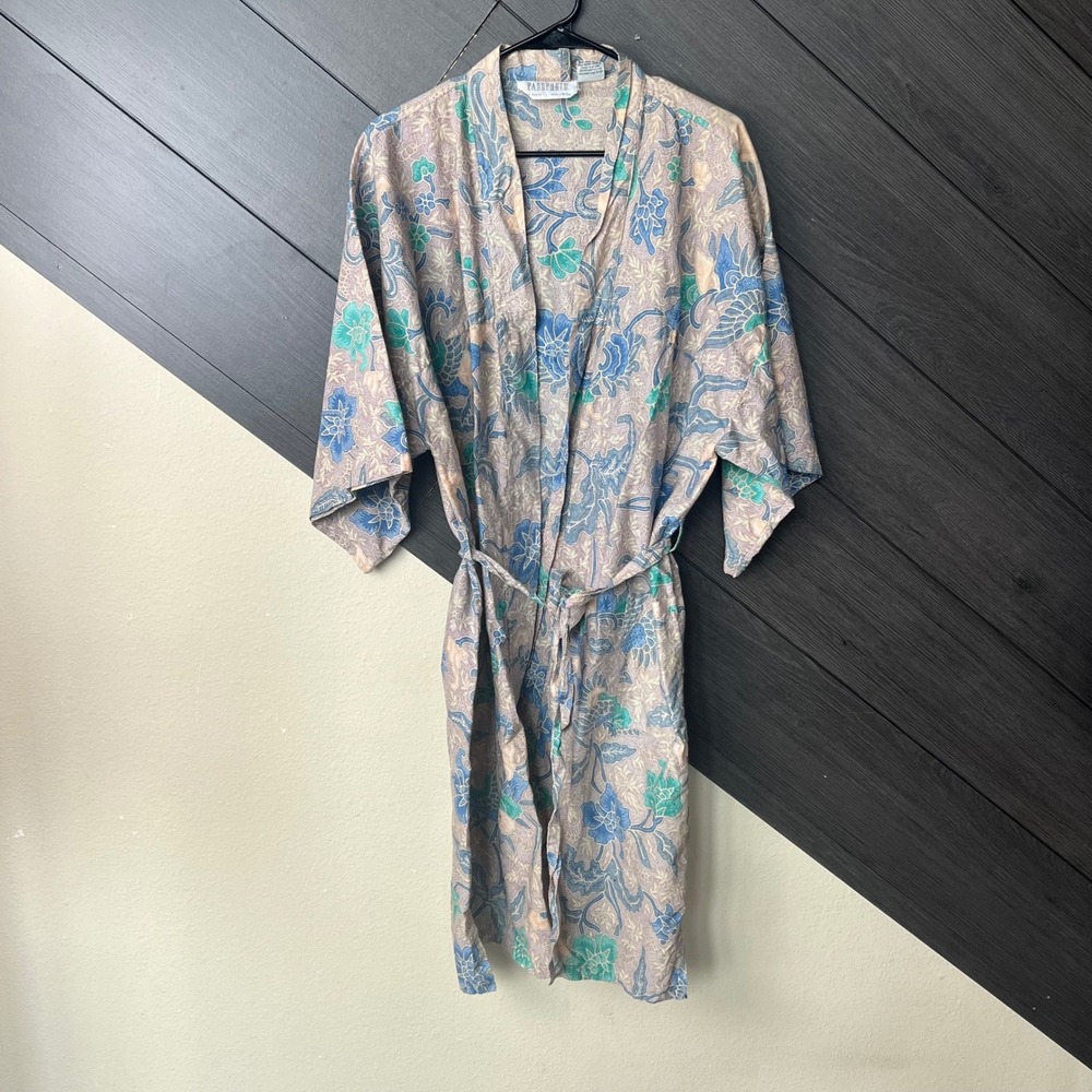 Pier‎ 1 Passport Women's Floral Kimono Robe Duster One Size Beige Blue VTG